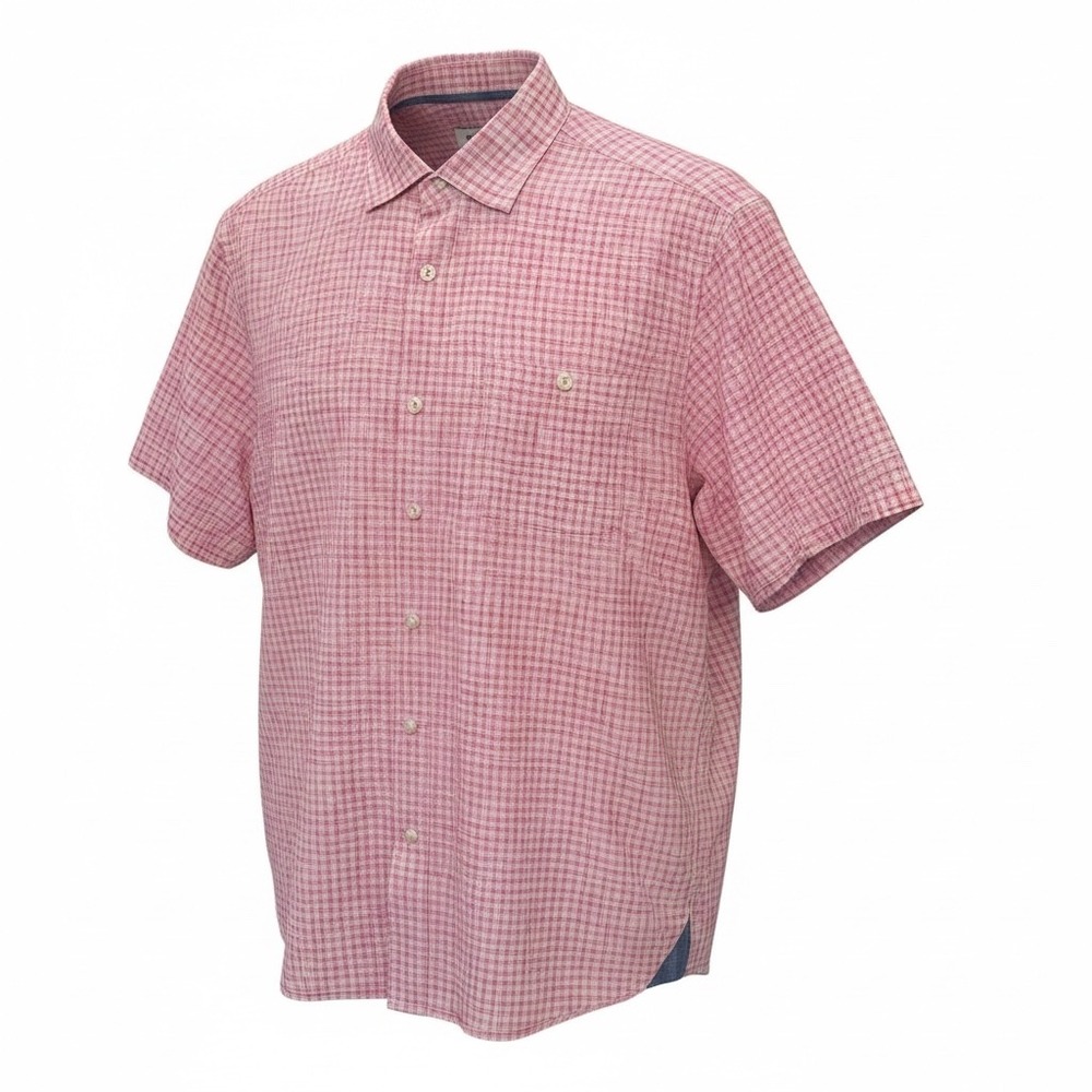 Tommy Bahama Mens Red White Plaid Short Sleeve Button Down Shirt Single Pocket